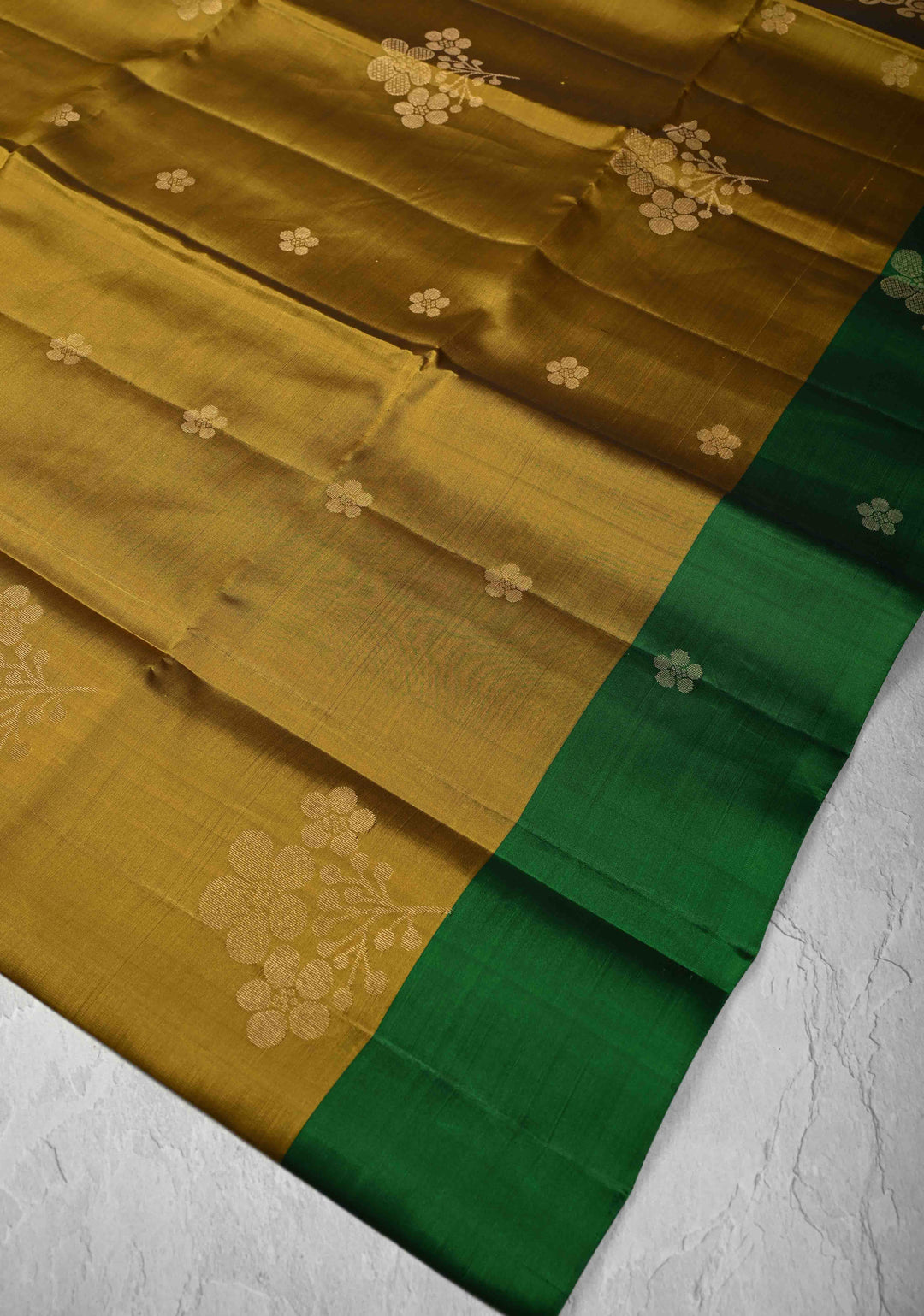 Ochre Kanjivaram Soft Silk Saree with Zari Buttas and Contrast Border | SILK MARK CERTIFIED