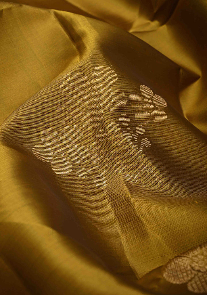 Ochre Kanjivaram Soft Silk Saree with Zari Buttas and Contrast Border | SILK MARK CERTIFIED