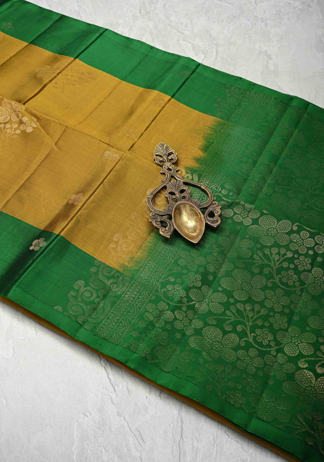 Ochre Kanjivaram Soft Silk Saree with Zari Buttas and Contrast Border | SILK MARK CERTIFIED