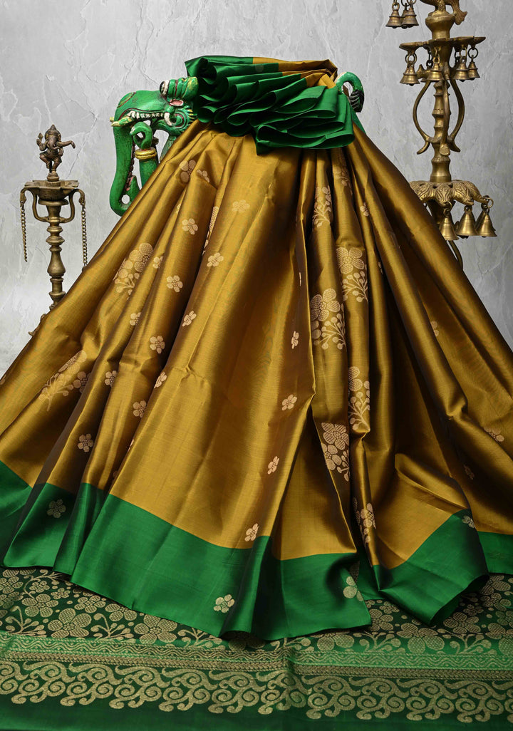 Ochre Kanjivaram Soft Silk Saree with Zari Buttas and Contrast Border | SILK MARK CERTIFIED
