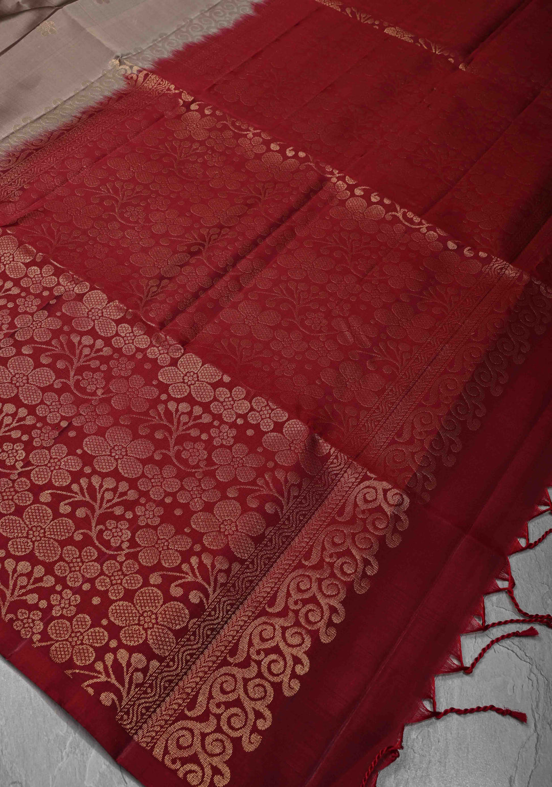 Taupe Kanjivaram Soft Silk Saree with Floral Buttas and Contrast Border | SILK MARK CERTIFIED
