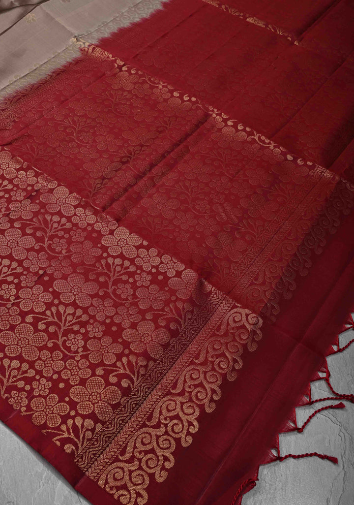 Taupe Kanjivaram Soft Silk Saree with Floral Buttas and Contrast Border | SILK MARK CERTIFIED