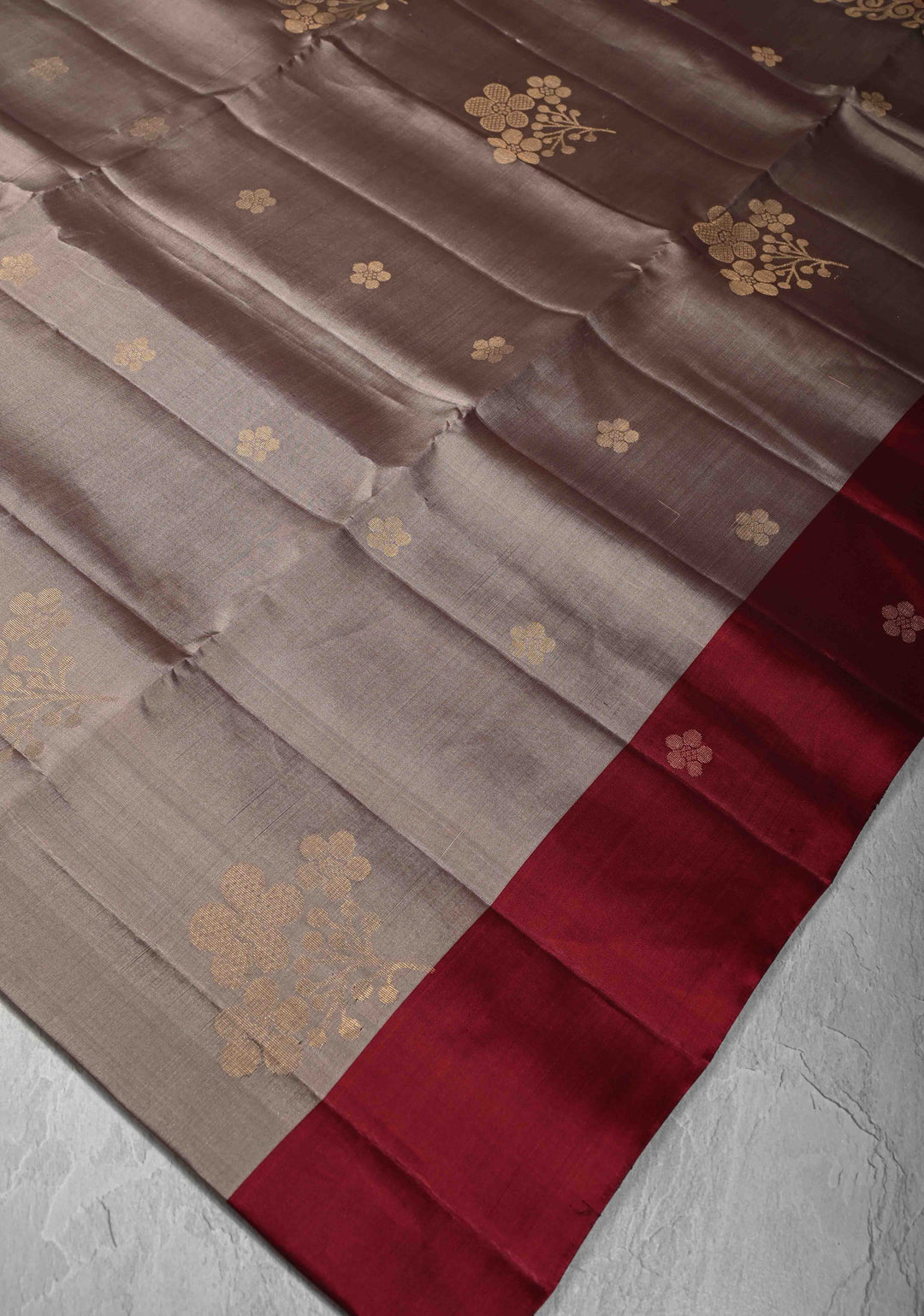 Taupe Kanjivaram Soft Silk Saree with Floral Buttas and Contrast Border | SILK MARK CERTIFIED