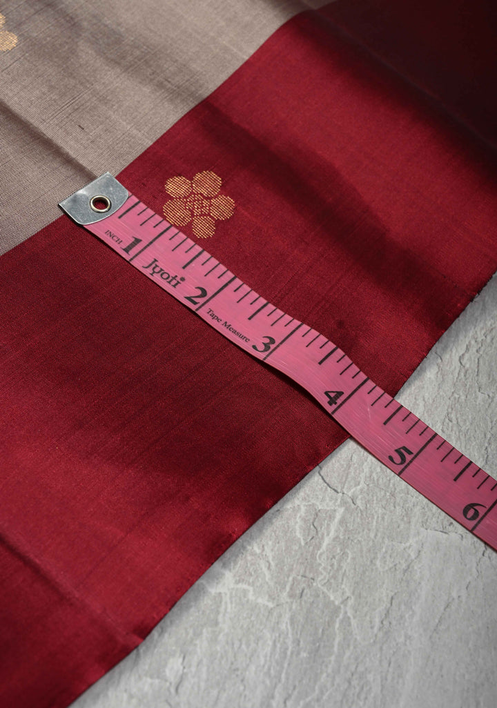 Taupe Kanjivaram Soft Silk Saree with Floral Buttas and Contrast Border | SILK MARK CERTIFIED