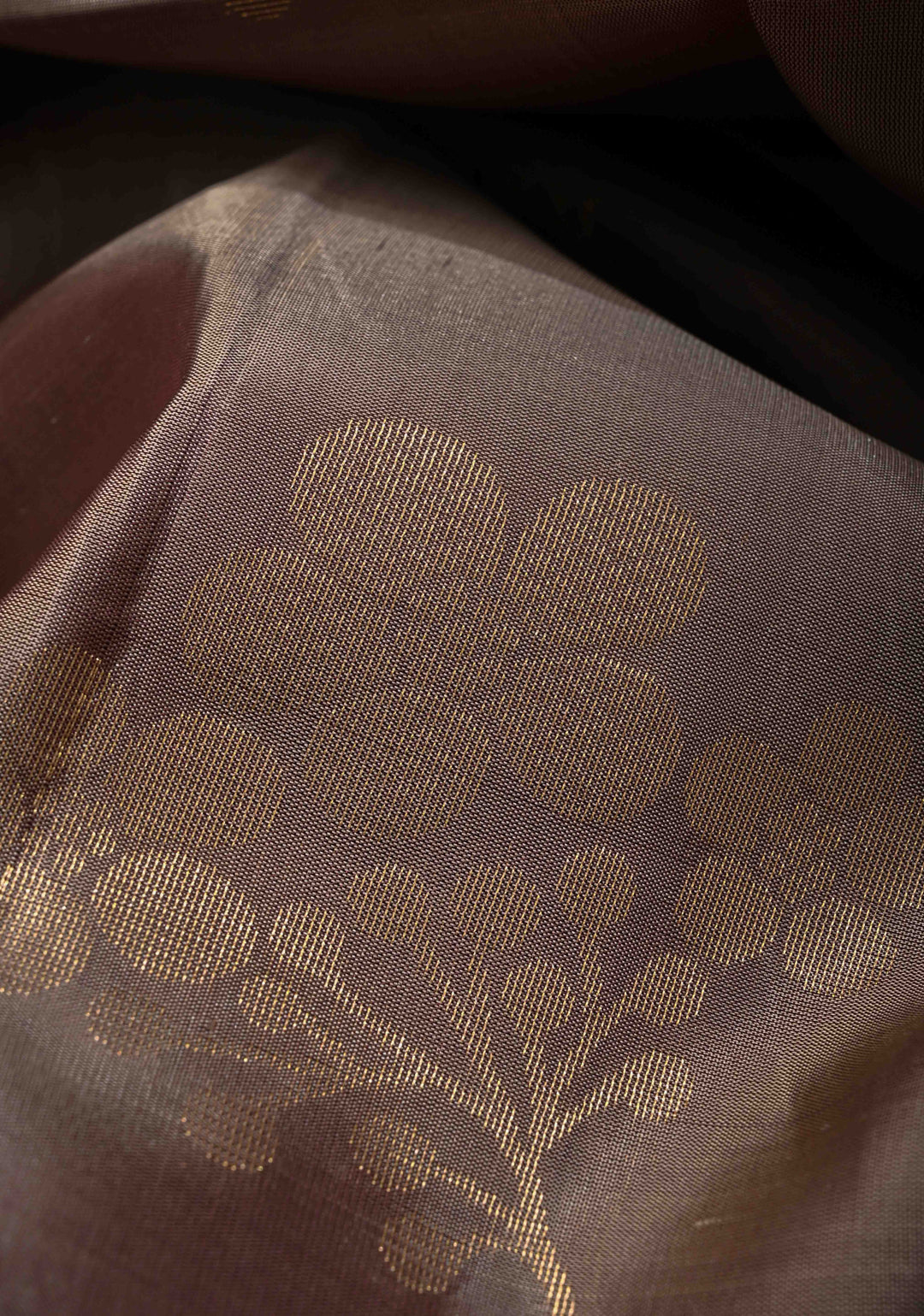Taupe Kanjivaram Soft Silk Saree with Floral Buttas and Contrast Border | SILK MARK CERTIFIED
