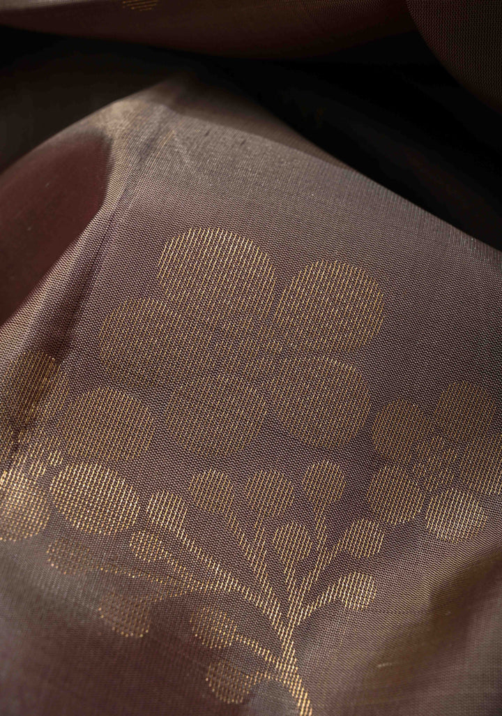 Taupe Kanjivaram Soft Silk Saree with Floral Buttas and Contrast Border | SILK MARK CERTIFIED