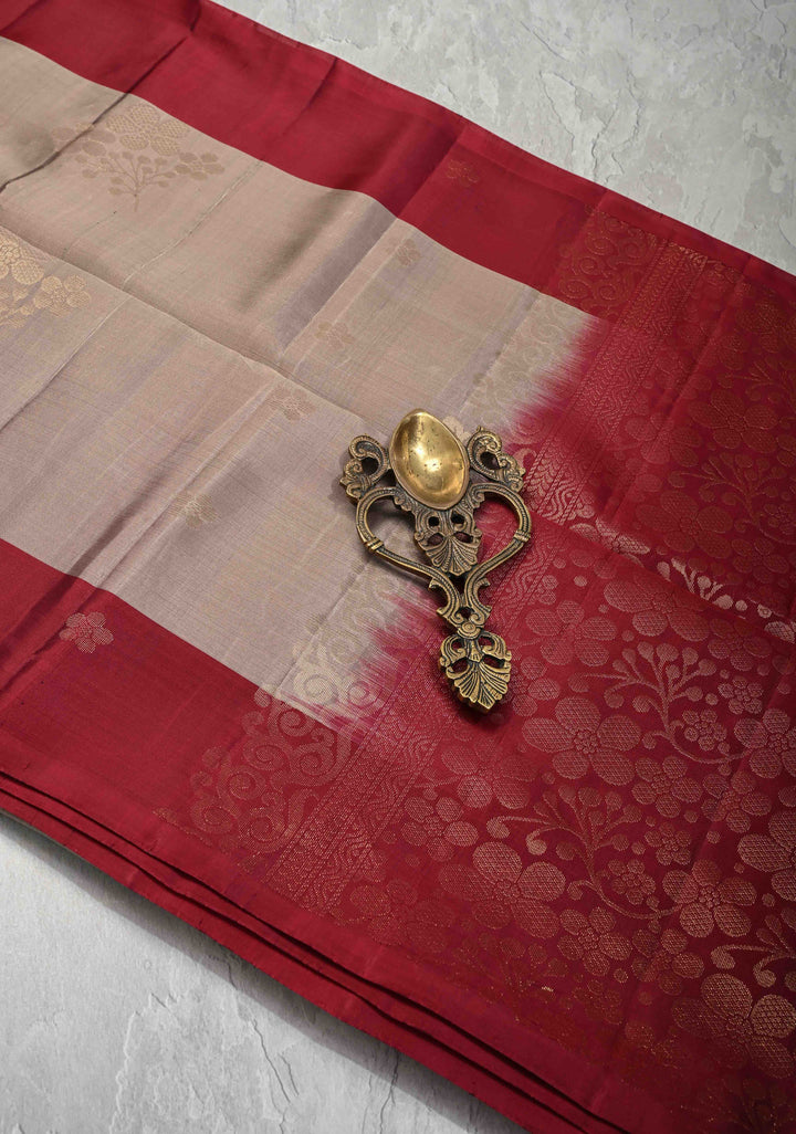 Taupe Kanjivaram Soft Silk Saree with Floral Buttas and Contrast Border | SILK MARK CERTIFIED