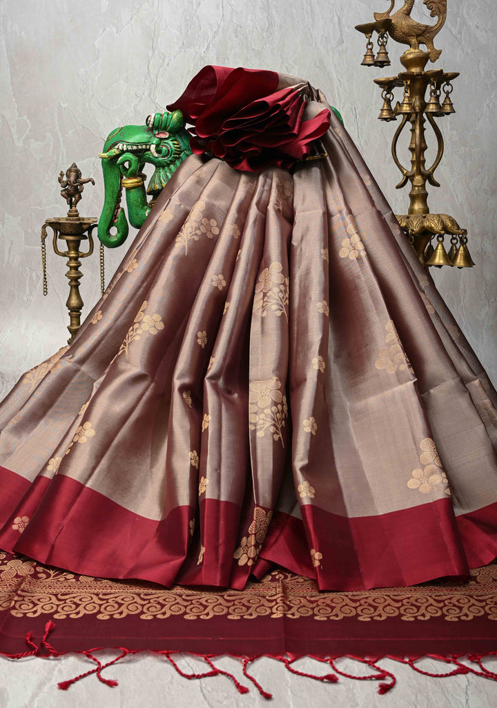 Taupe Kanjivaram Soft Silk Saree with Floral Buttas and Contrast Border | SILK MARK CERTIFIED