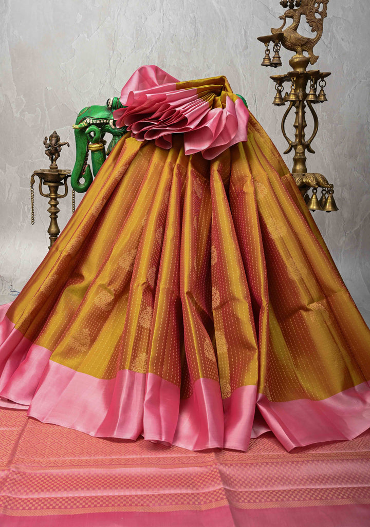Methi Zari Stripes on Kanjivaram Soft Silk Saree with Zari Buttas and Contrast Border | SILK MARK CERTIFIED