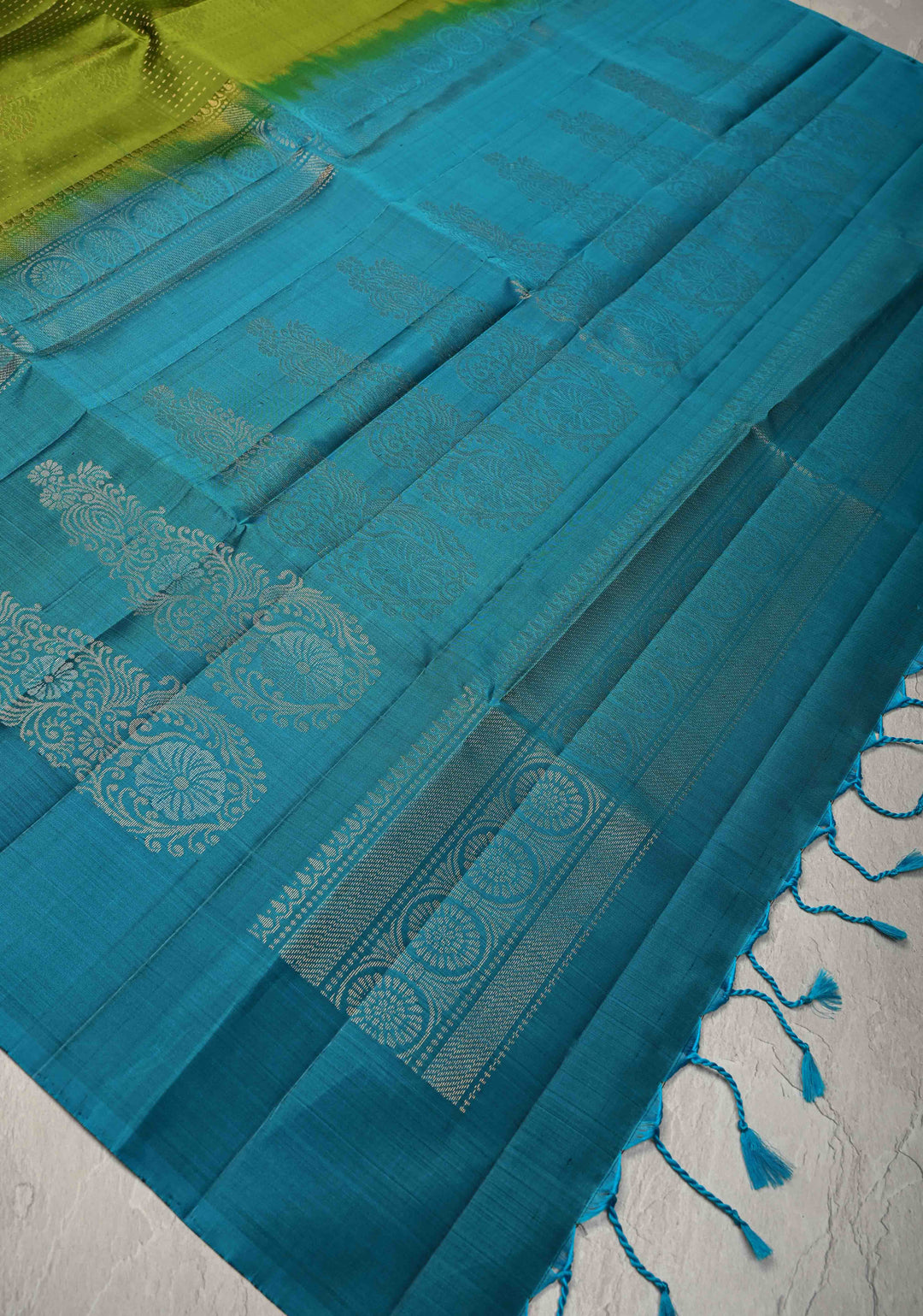 Sap Green Pin Zari Stripes on Kanjivaram Soft Silk Saree with Zari Buttas and Contrast Border | SILK MARK CERTIFIED