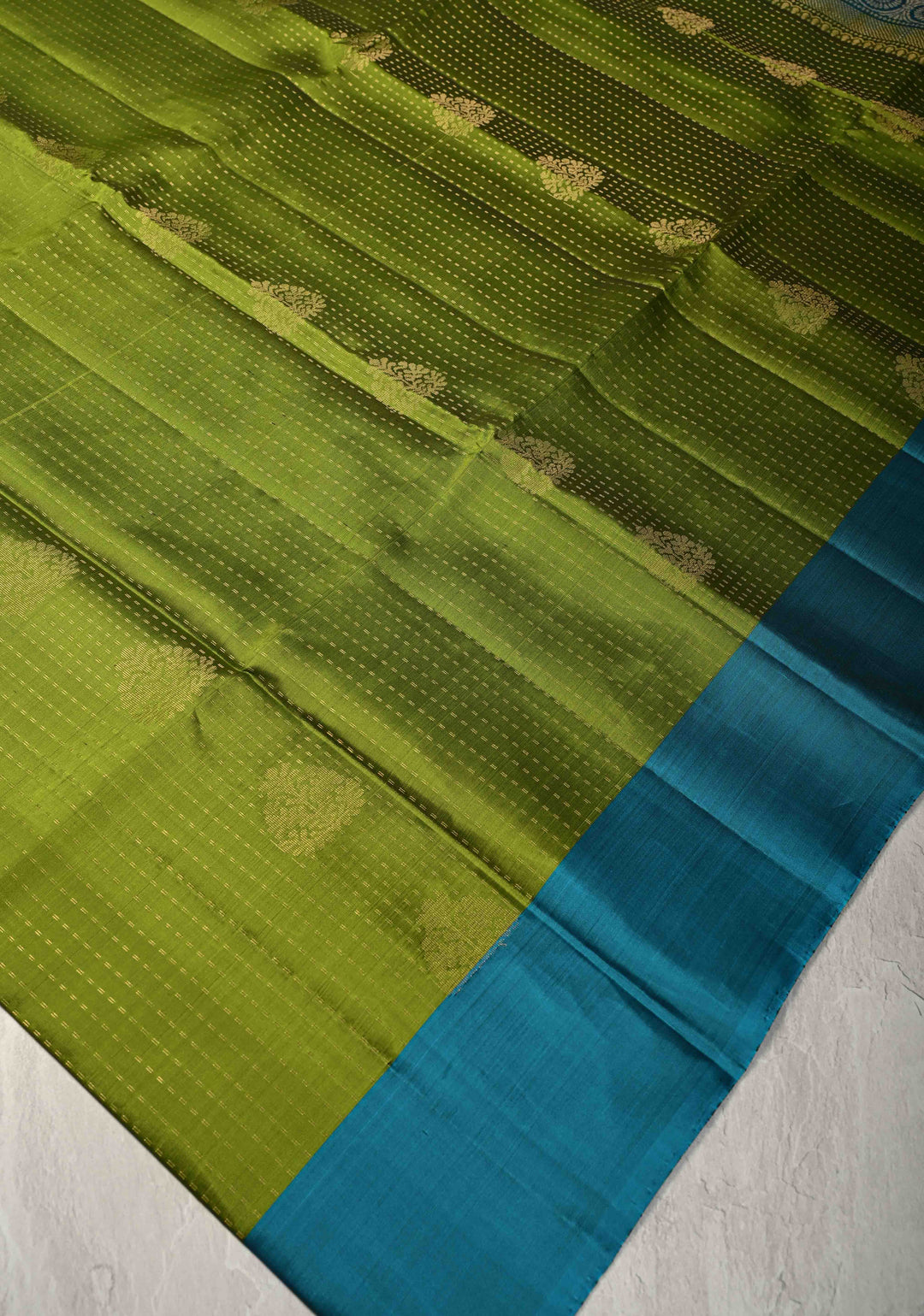 Sap Green Pin Zari Stripes on Kanjivaram Soft Silk Saree with Zari Buttas and Contrast Border | SILK MARK CERTIFIED