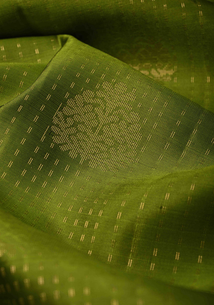 Sap Green Pin Zari Stripes on Kanjivaram Soft Silk Saree with Zari Buttas and Contrast Border | SILK MARK CERTIFIED