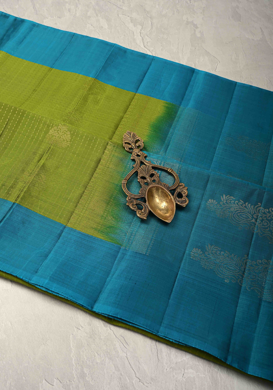 Sap Green Pin Zari Stripes on Kanjivaram Soft Silk Saree with Zari Buttas and Contrast Border | SILK MARK CERTIFIED