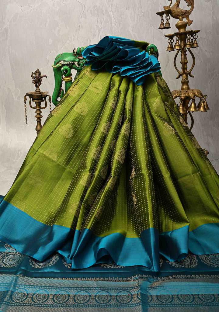Sap Green Pin Zari Stripes on Kanjivaram Soft Silk Saree with Zari Buttas and Contrast Border | SILK MARK CERTIFIED