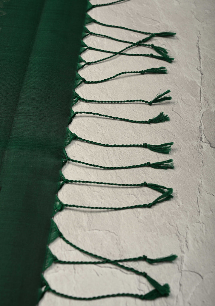 Sap Green Kanjivaram Soft Silk Saree with Zari Buttas and Contrast Border | SILK MARK CERTIFIED