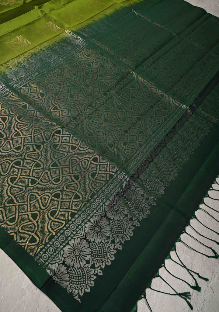 Sap Green Kanjivaram Soft Silk Saree with Zari Buttas and Contrast Border | SILK MARK CERTIFIED