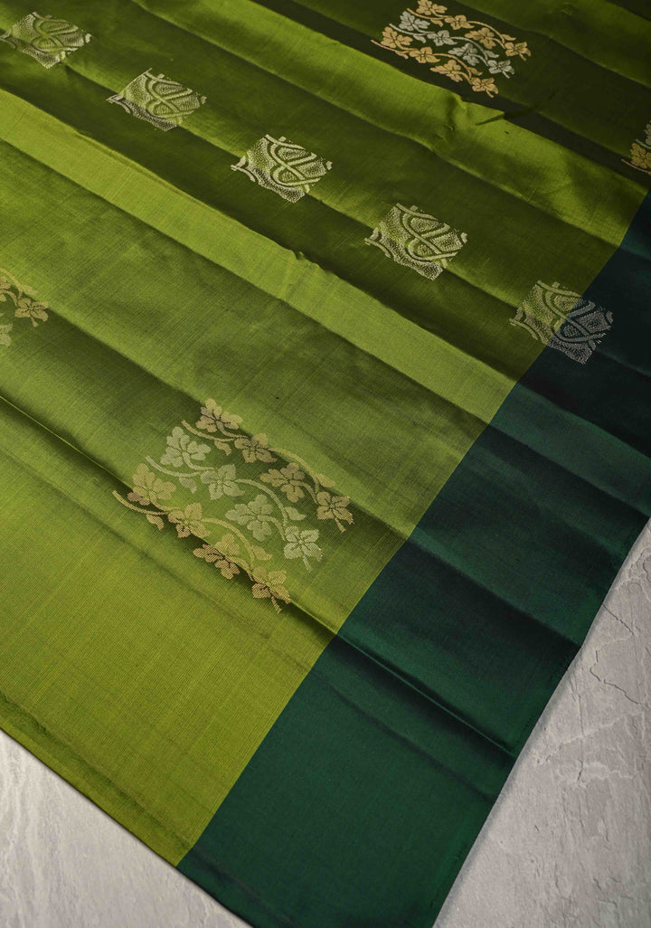 Sap Green Kanjivaram Soft Silk Saree with Zari Buttas and Contrast Border | SILK MARK CERTIFIED