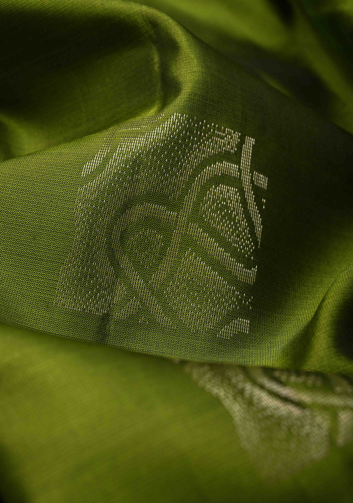 Sap Green Kanjivaram Soft Silk Saree with Zari Buttas and Contrast Border | SILK MARK CERTIFIED
