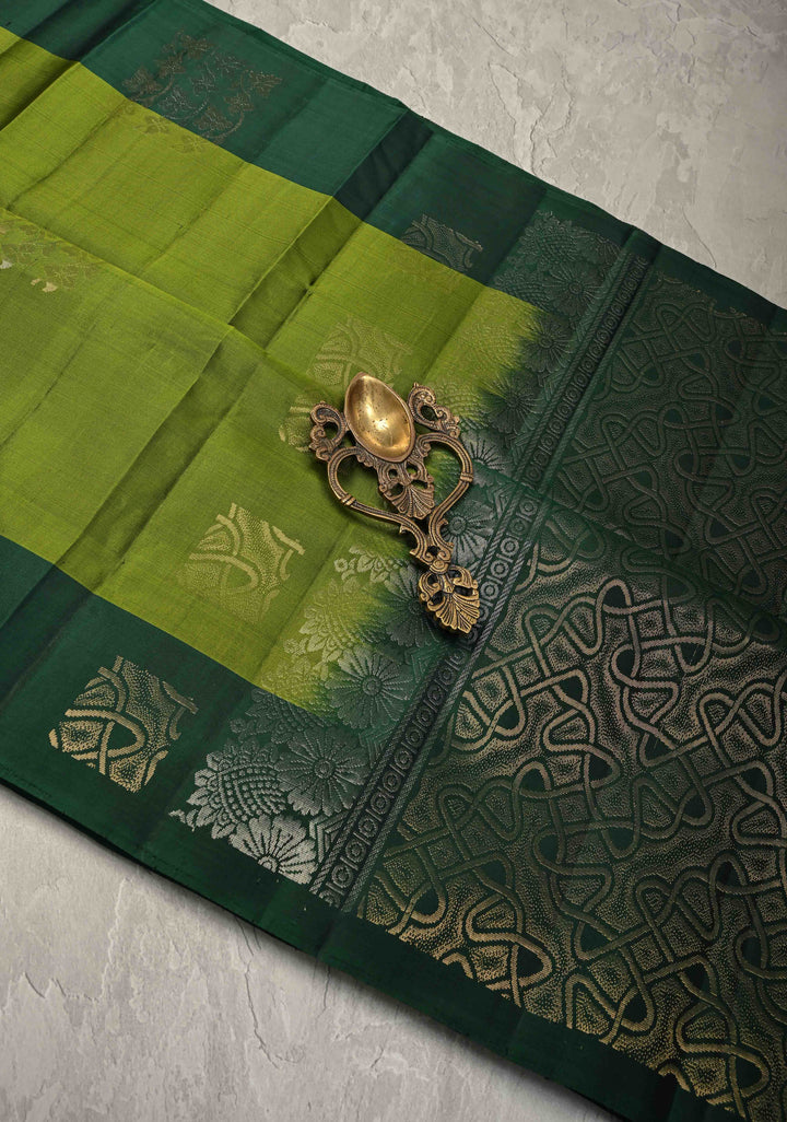 Sap Green Kanjivaram Soft Silk Saree with Zari Buttas and Contrast Border | SILK MARK CERTIFIED