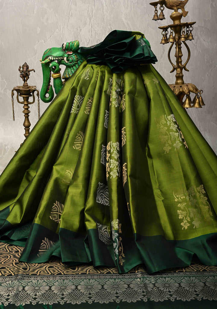 Sap Green Kanjivaram Soft Silk Saree with Zari Buttas and Contrast Border | SILK MARK CERTIFIED