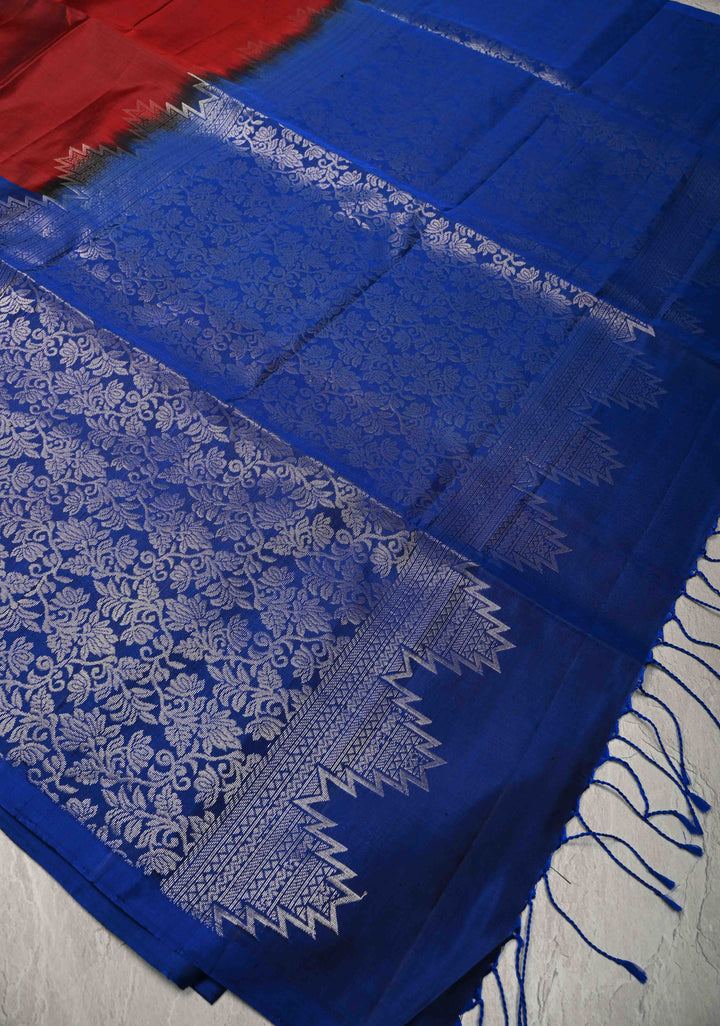 Maroon Kanjivaram Soft Silk Saree with Zari Buttas and Brocade on Blue Skirt Border | SILK MARK CERTIFIED
