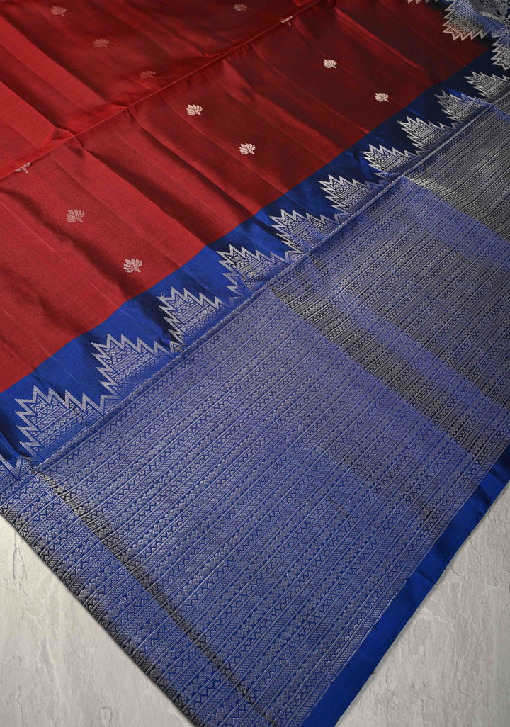 Maroon Kanjivaram Soft Silk Saree with Zari Buttas and Brocade on Blue Skirt Border | SILK MARK CERTIFIED