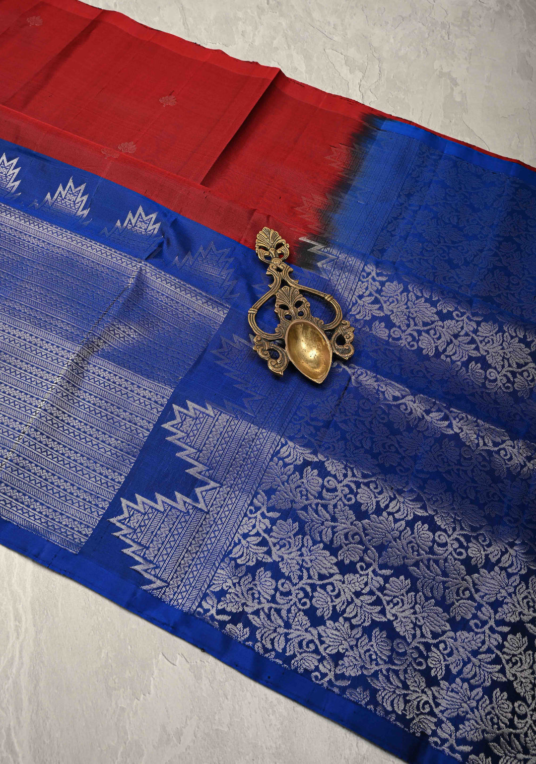 Maroon Kanjivaram Soft Silk Saree with Zari Buttas and Brocade on Blue Skirt Border | SILK MARK CERTIFIED