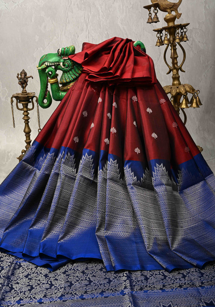 Maroon Kanjivaram Soft Silk Saree with Zari Buttas and Brocade on Blue Skirt Border | SILK MARK CERTIFIED