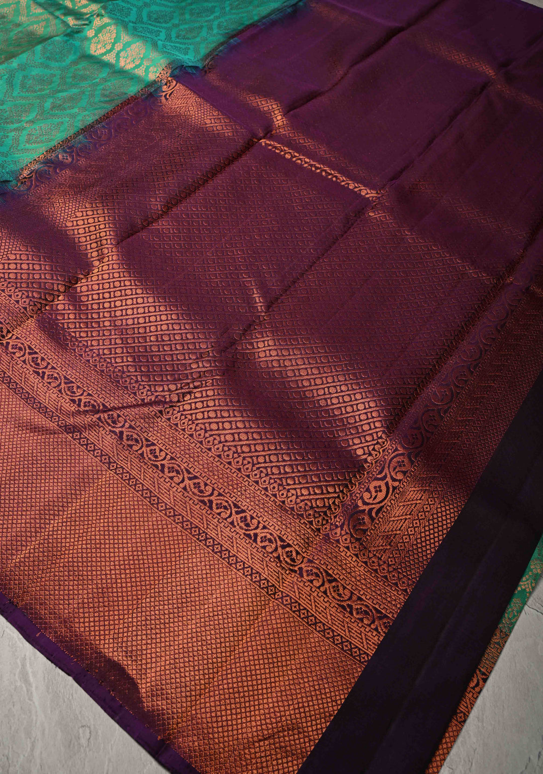 Rama Green Kanjivaram Soft Silk Saree with Antique Zari Brocade Jaal and Contrast Zari Border | SILK MARK CERTIFIED