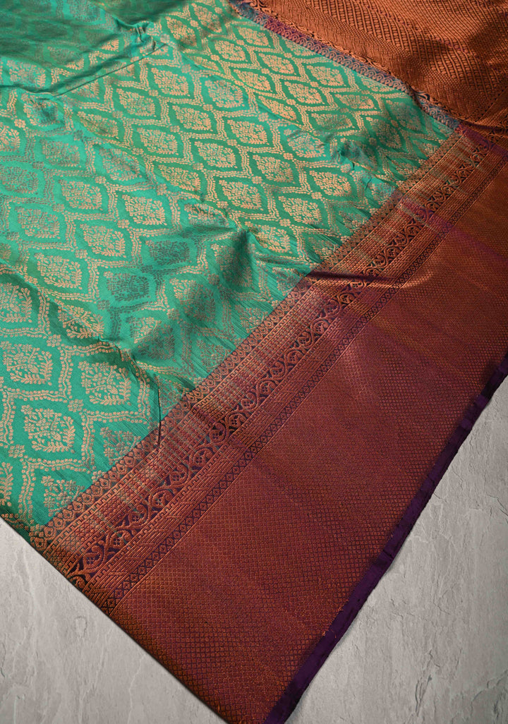 Rama Green Kanjivaram Soft Silk Saree with Antique Zari Brocade Jaal and Contrast Zari Border | SILK MARK CERTIFIED