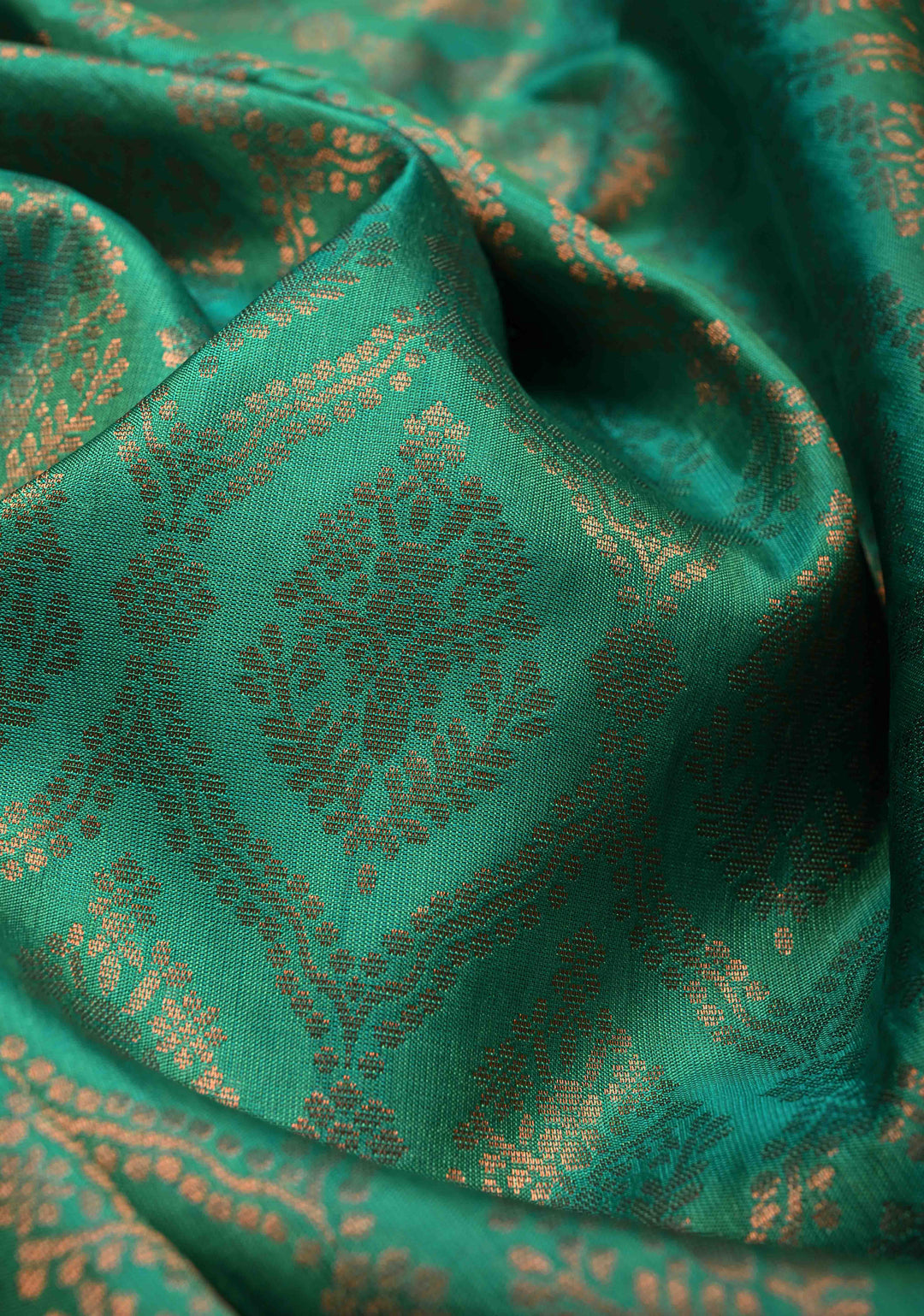 Rama Green Kanjivaram Soft Silk Saree with Antique Zari Brocade Jaal and Contrast Zari Border | SILK MARK CERTIFIED