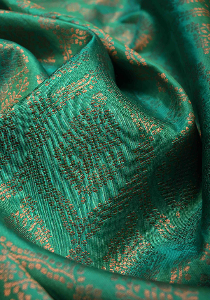 Rama Green Kanjivaram Soft Silk Saree with Antique Zari Brocade Jaal and Contrast Zari Border | SILK MARK CERTIFIED