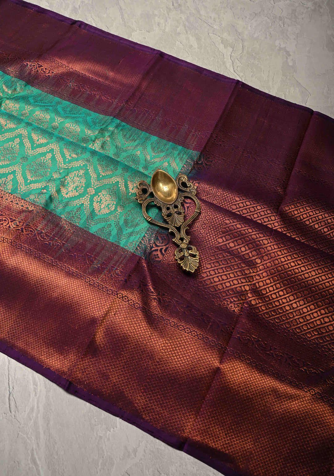 Rama Green Kanjivaram Soft Silk Saree with Antique Zari Brocade Jaal and Contrast Zari Border | SILK MARK CERTIFIED