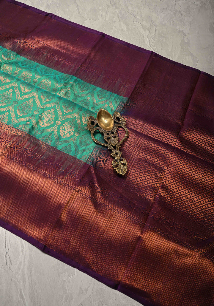 Rama Green Kanjivaram Soft Silk Saree with Antique Zari Brocade Jaal and Contrast Zari Border | SILK MARK CERTIFIED