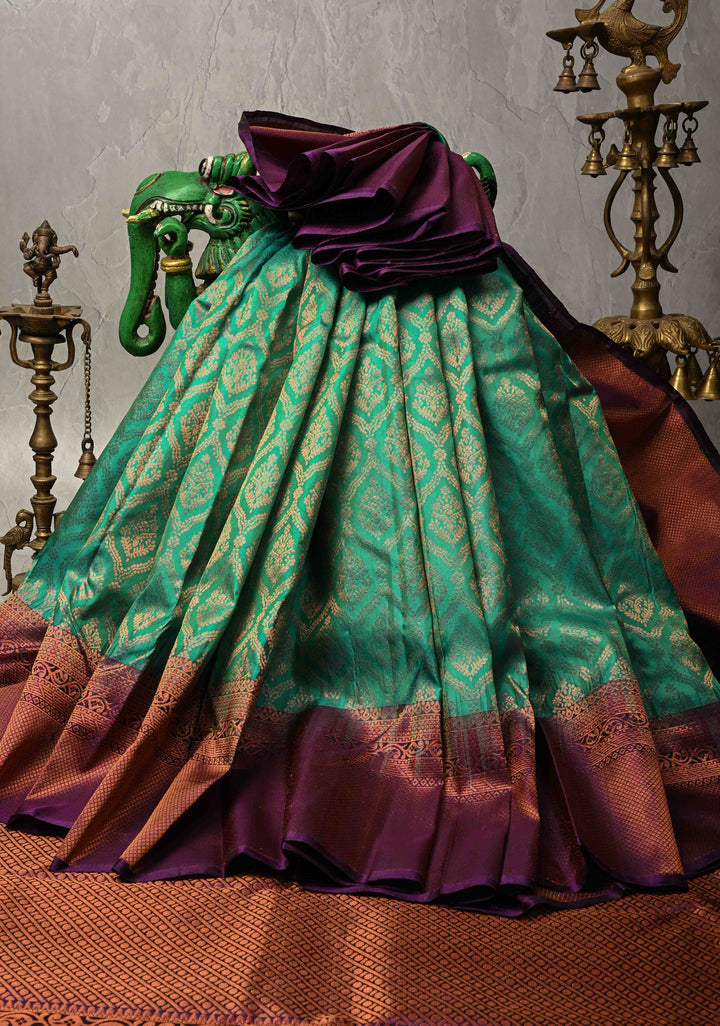 Rama Green Kanjivaram Soft Silk Saree with Antique Zari Brocade Jaal and Contrast Zari Border | SILK MARK CERTIFIED
