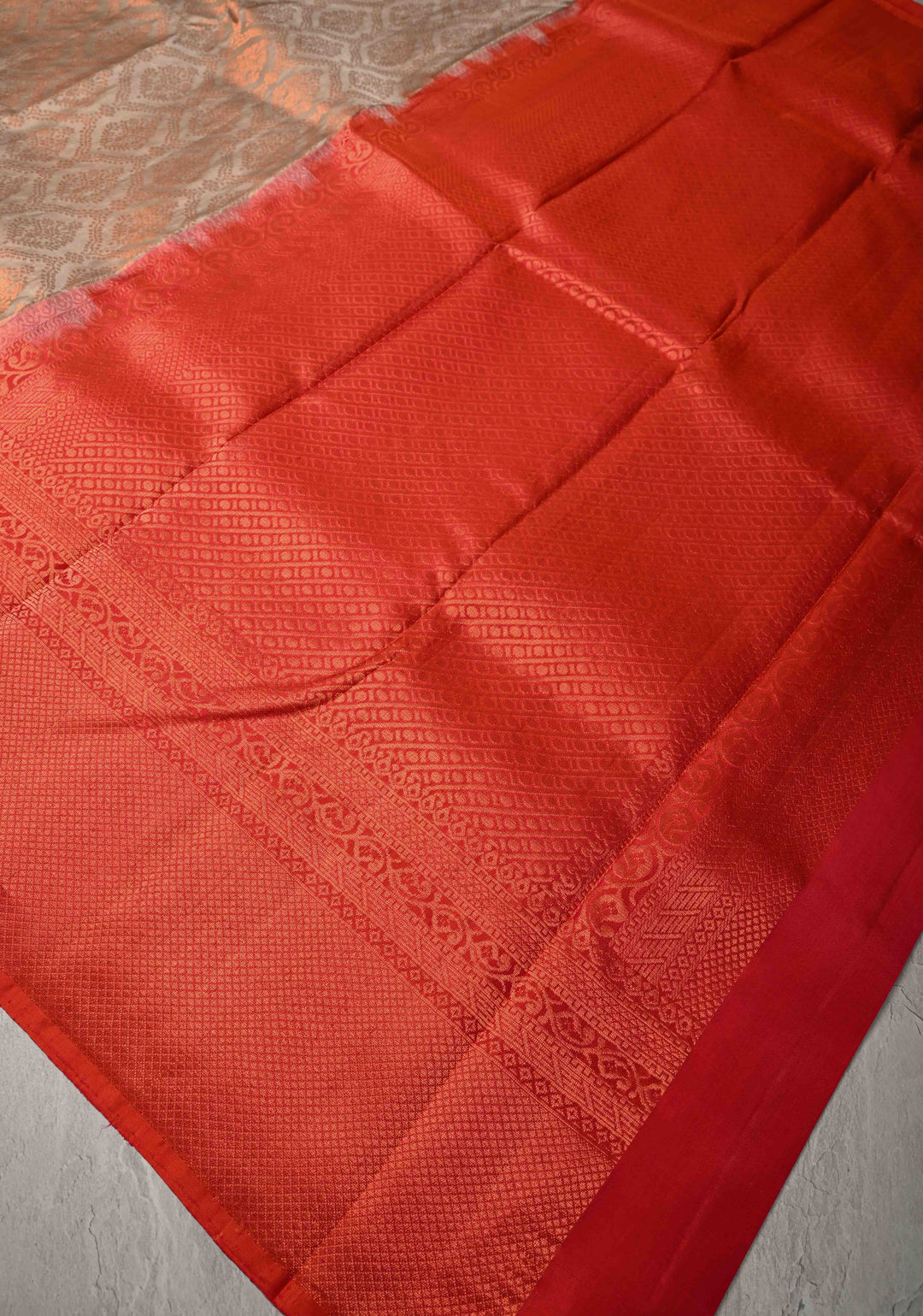 Taupe Kanjivaram Soft Silk Saree with Antique Zari Brocade Jaal and Contrast Zari Border | SILK MARK CERTIFIED