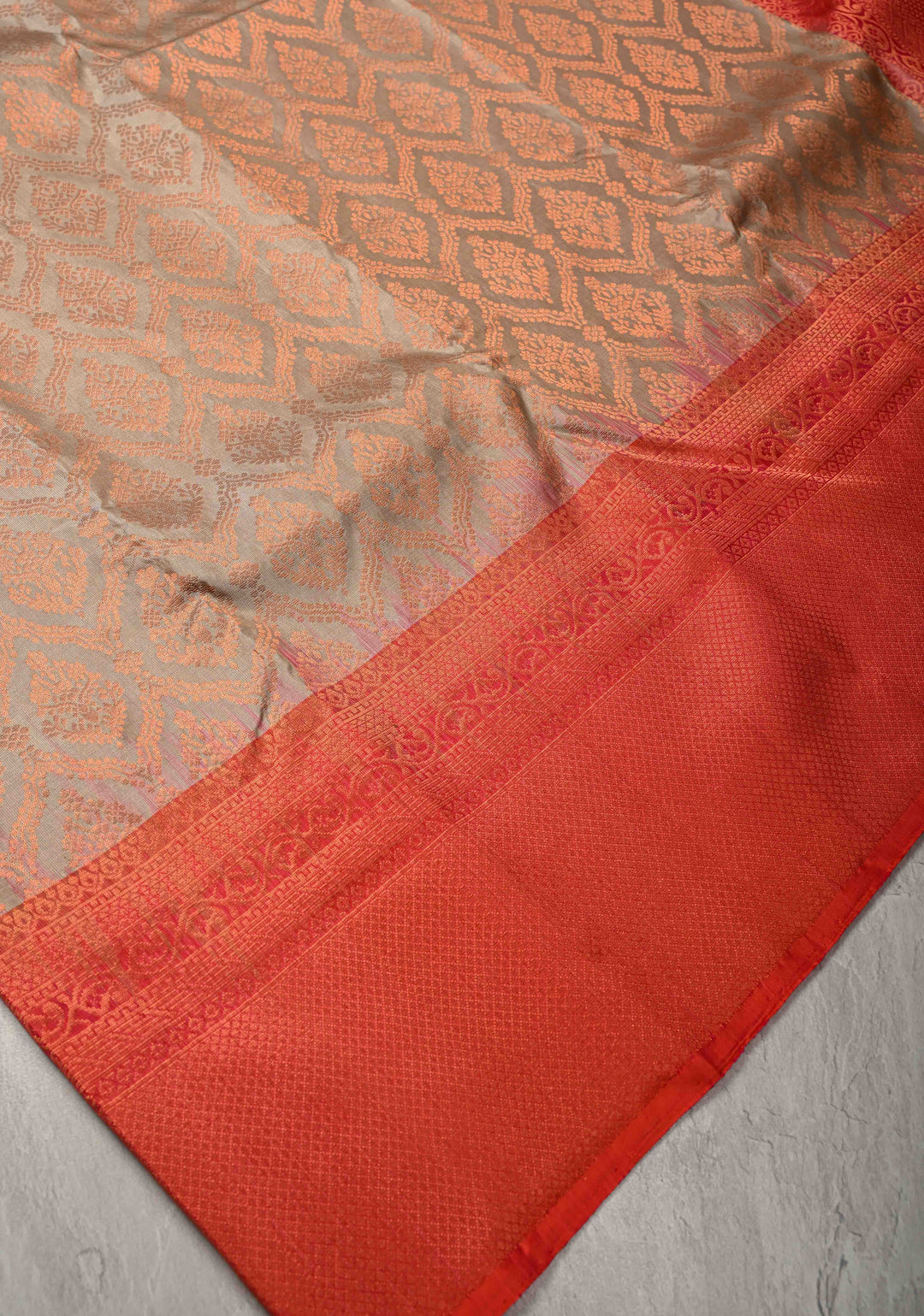 Taupe Kanjivaram Soft Silk Saree with Antique Zari Brocade Jaal and Contrast Zari Border | SILK MARK CERTIFIED