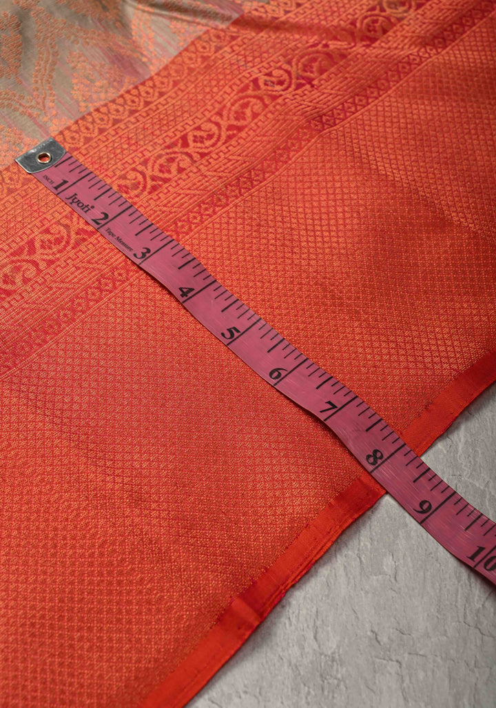Taupe Kanjivaram Soft Silk Saree with Antique Zari Brocade Jaal and Contrast Zari Border | SILK MARK CERTIFIED