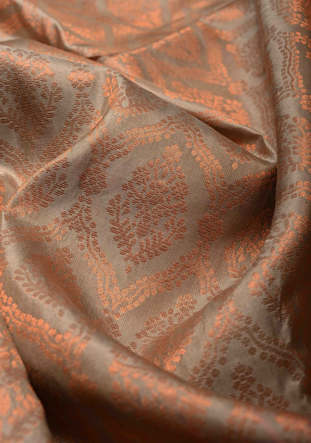 Taupe Kanjivaram Soft Silk Saree with Antique Zari Brocade Jaal and Contrast Zari Border | SILK MARK CERTIFIED