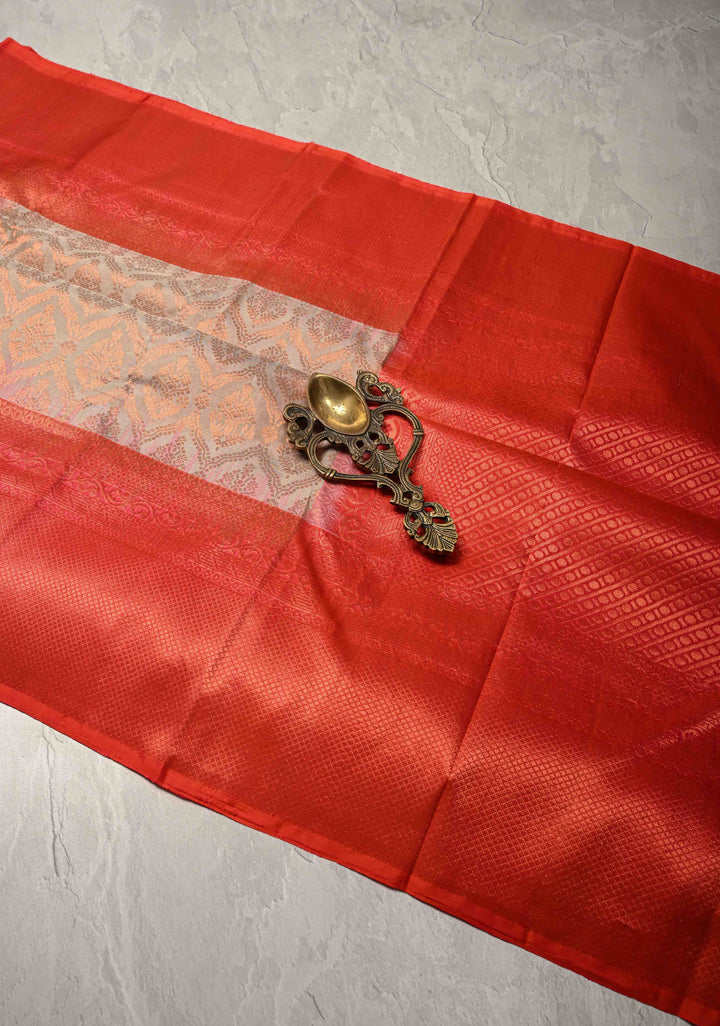 Taupe Kanjivaram Soft Silk Saree with Antique Zari Brocade Jaal and Contrast Zari Border | SILK MARK CERTIFIED
