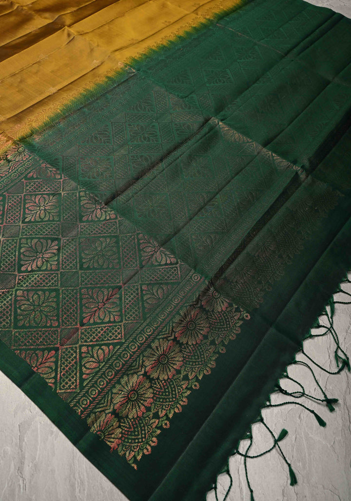 Methi Yellow Kanjivaram Soft Silk Saree with Zari Buttas and Contrast Border | SILK MARK CERTIFIED