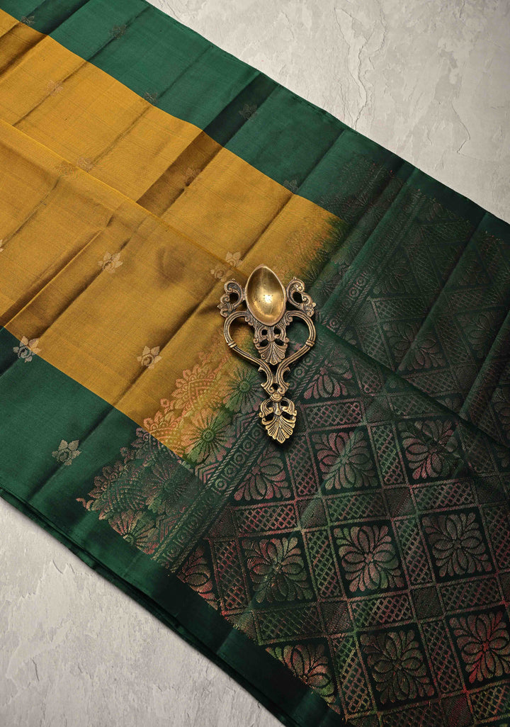 Methi Yellow Kanjivaram Soft Silk Saree with Zari Buttas and Contrast Border | SILK MARK CERTIFIED