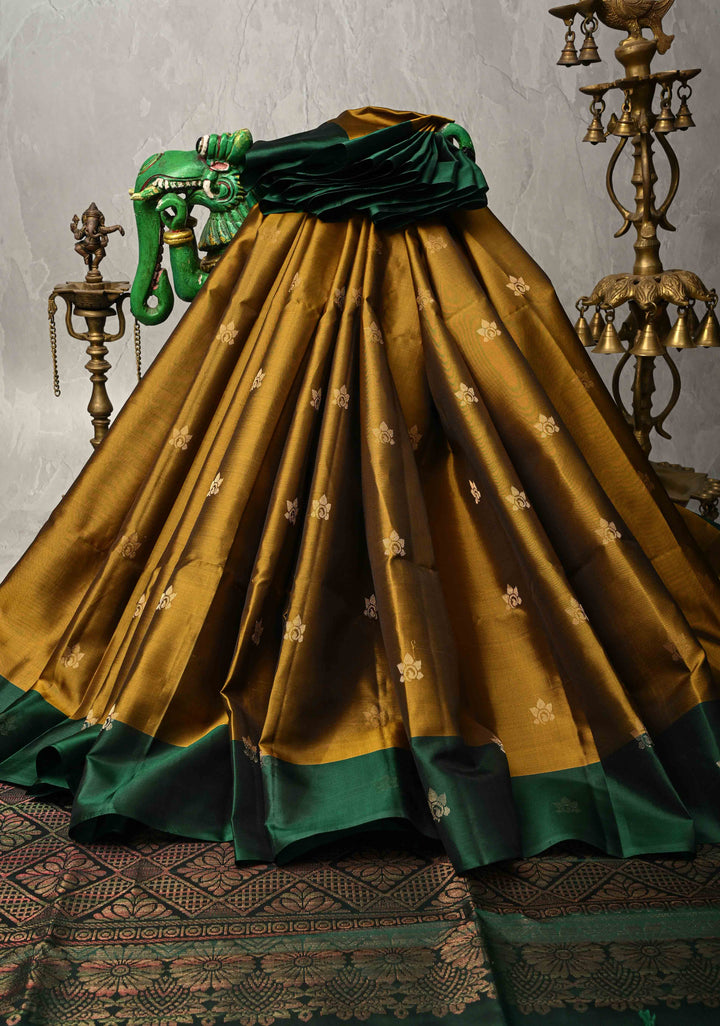 Methi Yellow Kanjivaram Soft Silk Saree with Zari Buttas and Contrast Border | SILK MARK CERTIFIED