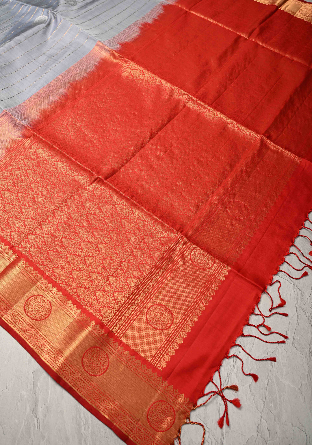 Gray Zari Stripes on Kanjivaram Soft Silk Saree with Gold-Silver Buttas and Zari Border | SILK MARK CERTIFIED