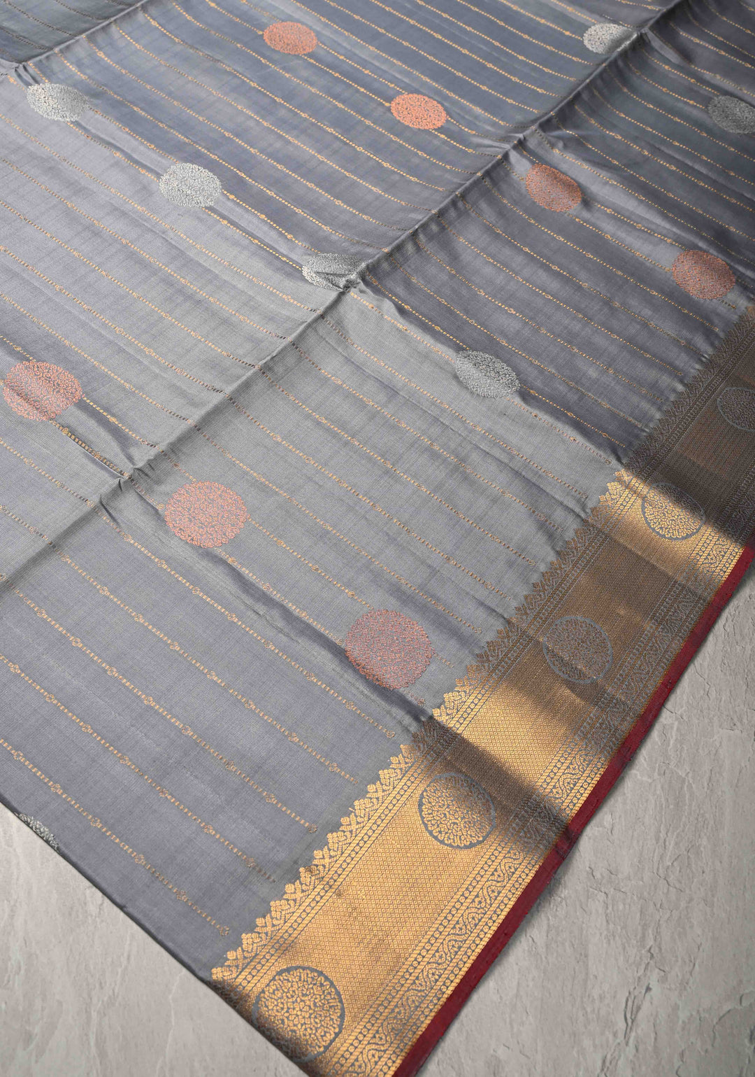 Gray Zari Stripes on Kanjivaram Soft Silk Saree with Gold-Silver Buttas and Zari Border | SILK MARK CERTIFIED