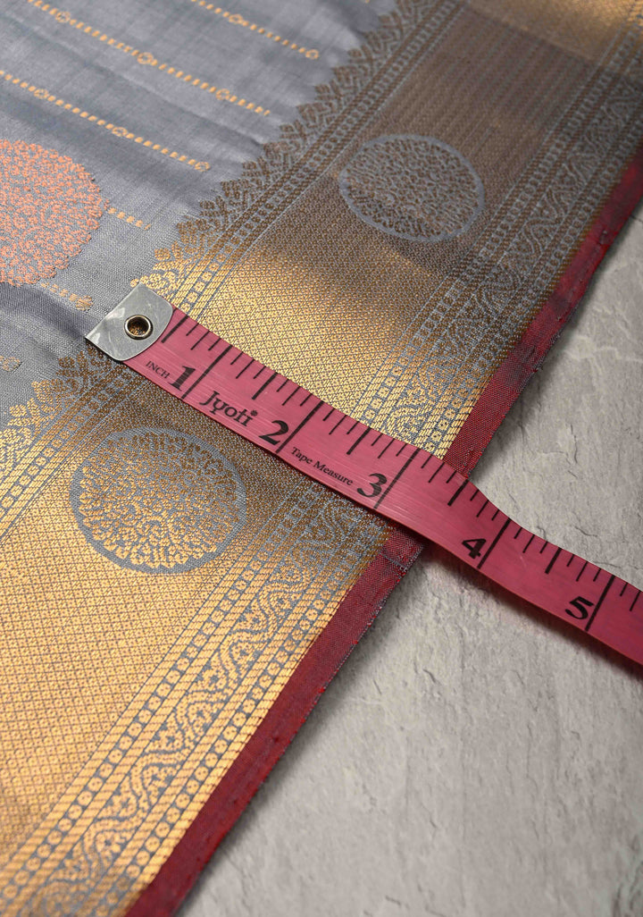 Gray Zari Stripes on Kanjivaram Soft Silk Saree with Gold-Silver Buttas and Zari Border | SILK MARK CERTIFIED