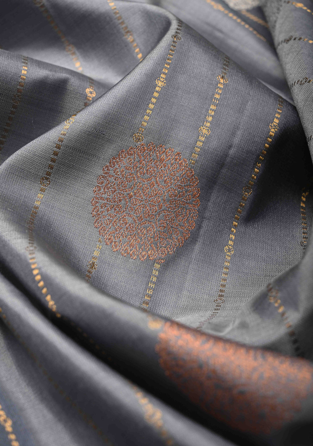 Gray Zari Stripes on Kanjivaram Soft Silk Saree with Gold-Silver Buttas and Zari Border | SILK MARK CERTIFIED