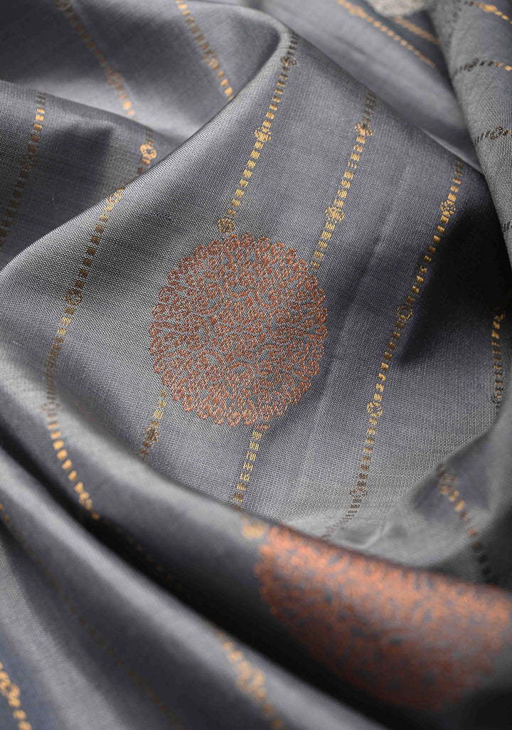Gray Zari Stripes on Kanjivaram Soft Silk Saree with Gold-Silver Buttas and Zari Border | SILK MARK CERTIFIED