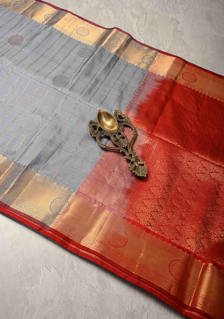 Gray Zari Stripes on Kanjivaram Soft Silk Saree with Gold-Silver Buttas and Zari Border | SILK MARK CERTIFIED