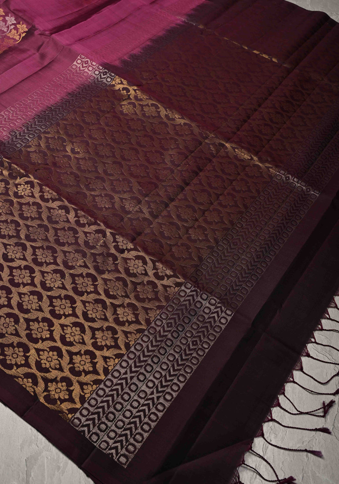 Dark Mauve Kanjivaram Soft Silk Saree with Gold-Silver Floral Buttas and Contrast Border | SILK MARK CERTIFIED